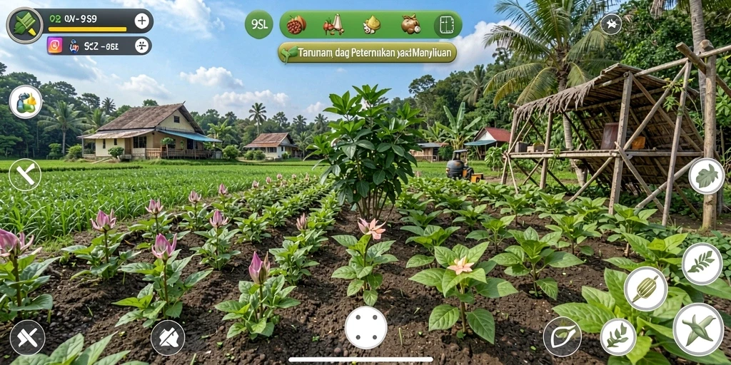Tangkapan layar <strong>9SL</strong> menampilkan kebun yang subur dan hewan ternak yang sehat.