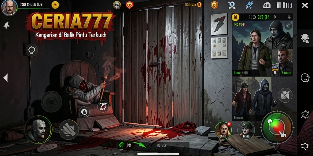 Screenshot utama CERIA777 menunjukkan suasana menyeramkan dengan efek visual yang mencekam.