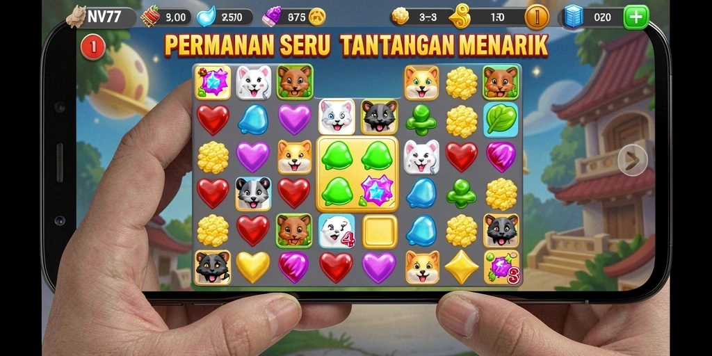 Tangkapan layar gameplay NV77 dengan aksi seru Match-3.