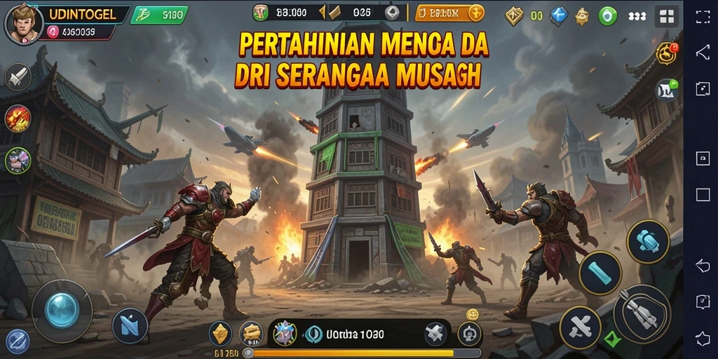 Tangkapan layar menampilkan serangan menara dalam game Tower Defense.